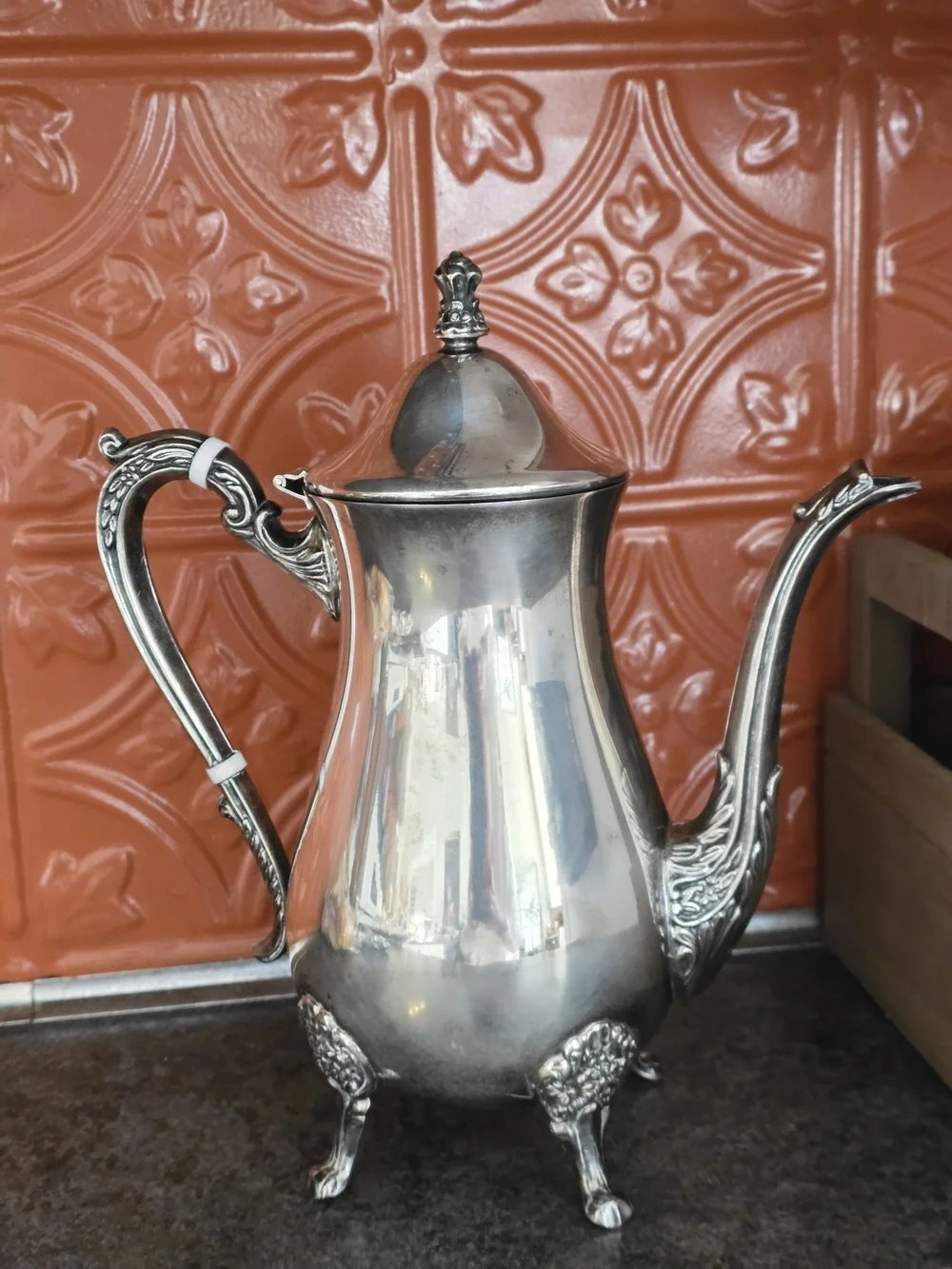 Vintage Silver Plated Coffee/Teapot - Ornate Raised Feet & Scroll Handle